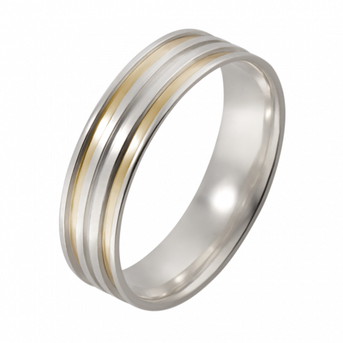 Aliança Orion de prata reta anatômica 5mm com dois filetes de ouro nas laterais e um friso central fino reto polido
